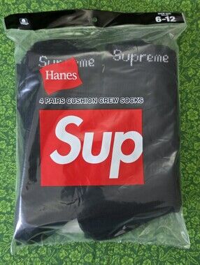 Hanes Black Crew Socks 4-Pack with White Supreme Logo